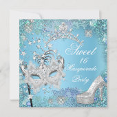 Invitation Douce Seize 16 Bal Masqué Bleu Tiara Chaussure (Devant)