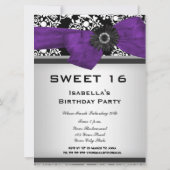 Invitation Douce Seize 16 Damassé Fleur Noir Blanc Violet (Dos)