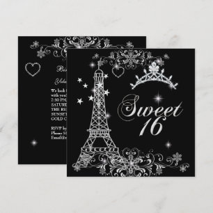 Invitation Douce Seize 16 Noir Argent Paillettes Tour Eiffel