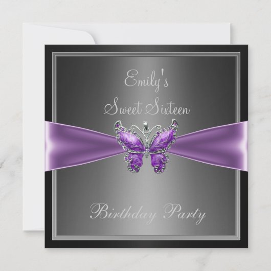 Invitation Douce Seize 16 Noir Gris Violet Papillon Naissance (Devant)