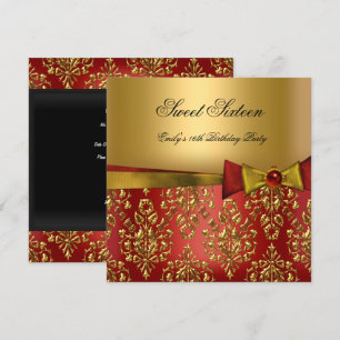 Invitation Douce Seize 16 Rouge Noir Or Damassé Nœud