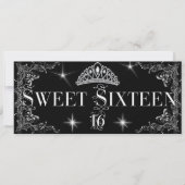 Invitation Douce Seize 16 Royale Noir Couronne d'Argent (Devant)