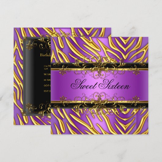 Invitation Douce Seize 16 Zèbre Violet Or Noir (Devant / Derrière)