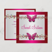 Invitation Douce Seize 16e Anniversaire Papillon Fushia (Devant / Derrière)