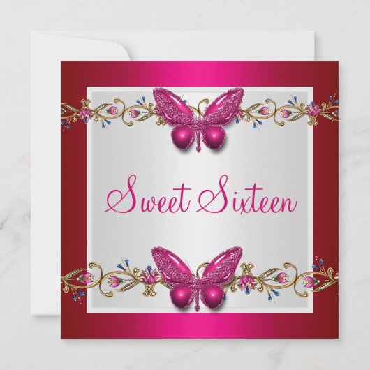 Invitation Douce Seize 16e Anniversaire Papillon Fushia (Devant)