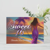 Invitation Douce Seize 16ème Fille Violette Plage Océan or (Debout devant)
