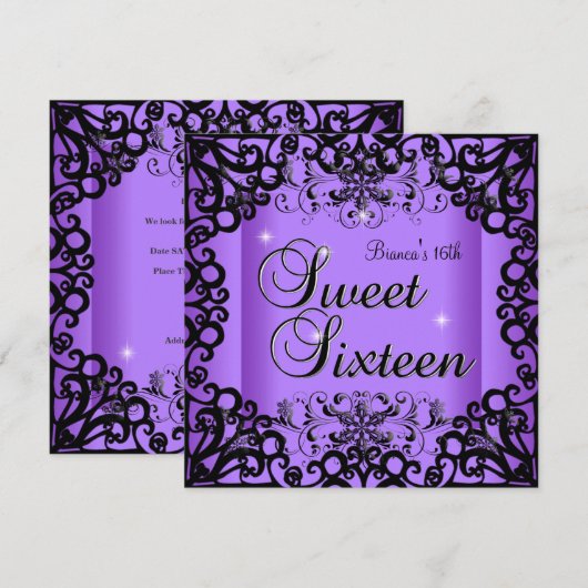 Invitation Douce Seize Ans Anniversaire Noir Violet (Devant / Derrière)