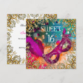 Invitation Douce Seize Ans Mascarade Rose Turquoise (Devant / Derrière)