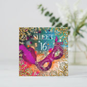 Invitation Douce Seize Ans Mascarade Rose Turquoise (Debout devant)