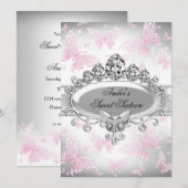 Invitation douce seize ans papillon rose et argent (Devant / Derrière)