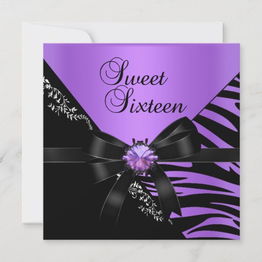 Invitation Douce Seize Ans Zèbre Violet Noir Joyau (Devant)