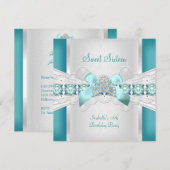 Invitation Douce Seize Couronne Bleue Turquoise (Devant / Derrière)