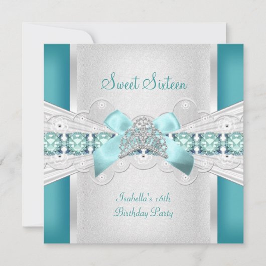 Invitation Douce Seize Couronne Bleue Turquoise (Devant)