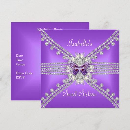 Invitation Douce Seize Douce 16 Papillon Lilas Perle 2 (Devant / Derrière)
