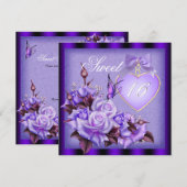 Invitation Douce Seize, Douce 16 Papillon Violet Roses Violet (Devant / Derrière)