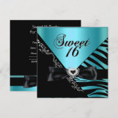 Invitation Douce Seize Douce 16 Zèbre Bleu Noir (Devant / Derrière)