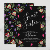 Invitation Douce Seize Fête Mexicaine Florale Cœur Noir (Devant / Derrière)