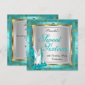 Invitation Douce Seize Fête Sweet 16 Bleu Sarcelle Or Argent (Devant / Derrière)