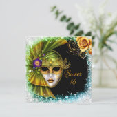 Invitation Douce Seize Mascarade Mardi Gras Or Vert (Debout devant)