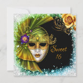 Invitation Douce Seize Mascarade Mardi Gras Or Vert (Devant)
