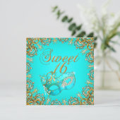 Invitation Douce Seize Mascarade Or Turquoise (Debout devant)