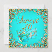 Invitation Douce Seize Mascarade Or Turquoise (Devant)