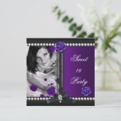 Invitation Douce seize Rose pourpre perle noire (Debout devant)