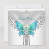 Invitation Douce Seize Seize Papillon Bleu Turquoise Blanc (Devant)