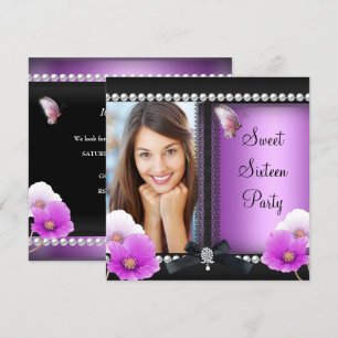 Invitation Douce seize Seize Papillon Rose Violet Noir
