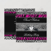 Invitation Douce Seize Zèbre Léopard Rose Noir Diamant (Devant / Derrière)