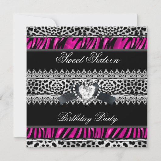 Invitation Douce Seize Zèbre Léopard Rose Noir Diamant (Devant)