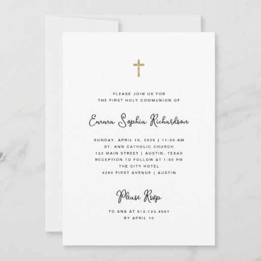 Invitation Douce Simple Noir et Blanc Première Communion Sain (Devant)