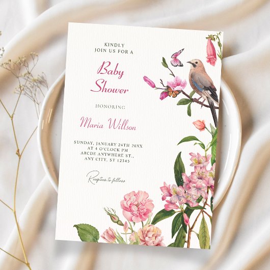 Invitation Douce soirée bébé art oiseau floral