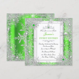 Invitation Douce Terre d'Hiver Verte Argentée Sweet 16 Flocon