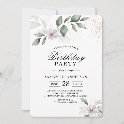 Invitation Douce verdure Aquarelle Feuille & Fleur | Or (Devant)