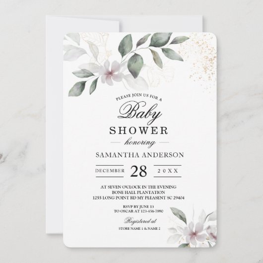 Invitation Douce verdure Aquarelle Feuille & Fleur | Or (Devant)
