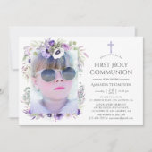 Invitation Douce Violet Floral Première Sainte Communion (Devant)