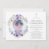 Invitation Douce Violet Floral Première Sainte Communion (Devant)