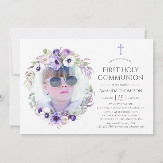 Invitation Douce Violet Floral Première Sainte Communion (Devant)