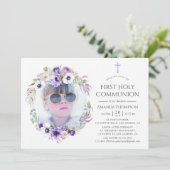 Invitation Douce Violet Floral Première Sainte Communion (Debout devant)
