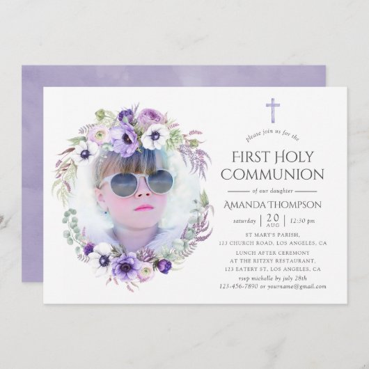 Invitation Douce Violet Floral Première Sainte Communion (Devant / Derrière)