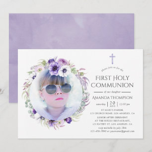 Invitation Douce Violet Floral Première Sainte Communion