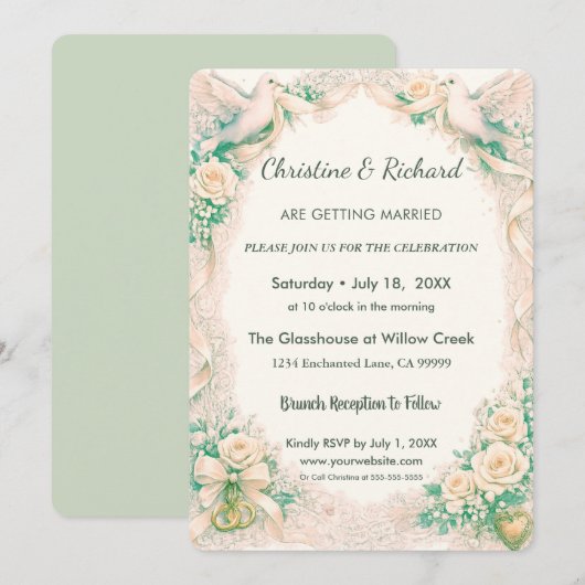 Invitation Douces & Chaudes Colombes Mariage Pastel (Devant / Derrière)