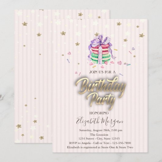 Invitation Douces Macarons Bébé Étoiles Fête d'anniversaire (Devant / Derrière)