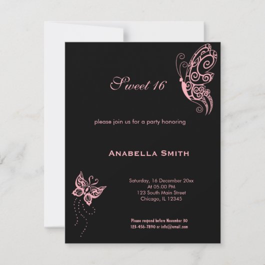Invitation Douces Papillons Rose Clair 16 (Devant)
