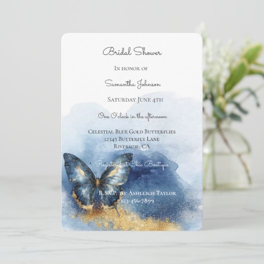 Invitation Douceur Céleste Papillon Bleu Or Mariage (Debout devant)
