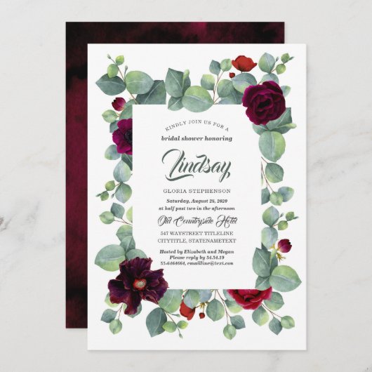Invitation Douceur de eucalyptus floral mariage burgundy (Devant / Derrière)