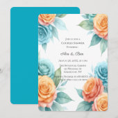 Invitation Douceur de roses orange et sarcelle pour la douche (Devant / Derrière)