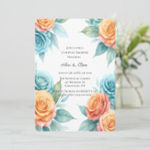Invitation Douceur de roses orange et sarcelle pour la douche (Debout devant)
