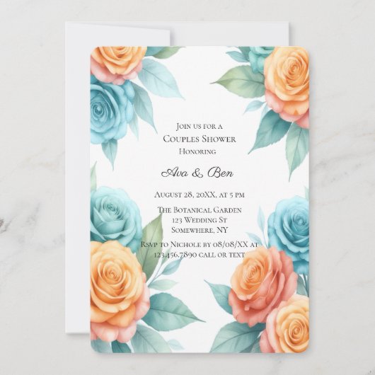 Invitation Douceur de roses orange et sarcelle pour la douche (Devant)